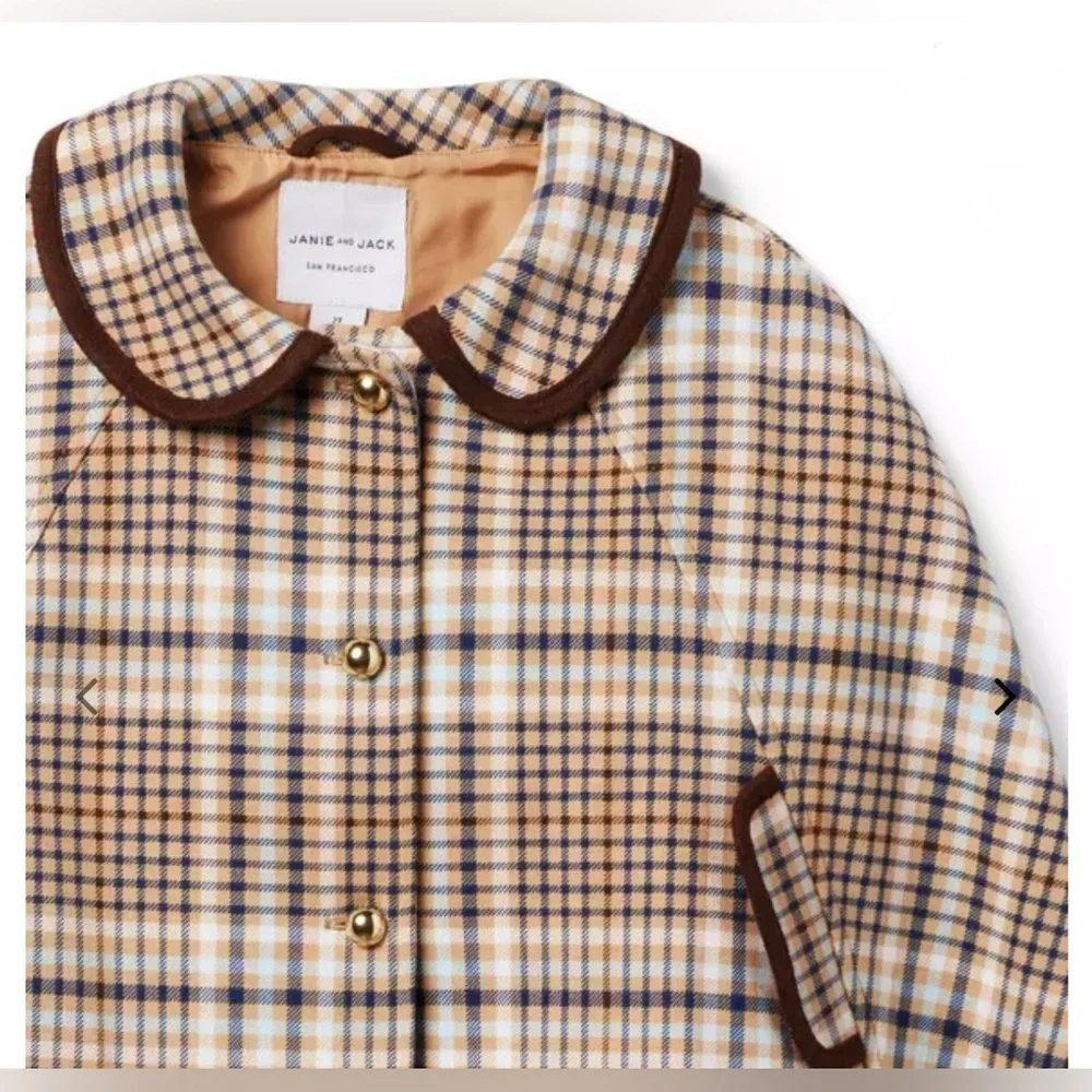 Janie and Jack Girls Size 2T Tan Plaid Cape Brown Velvet Trim Gold Buttons